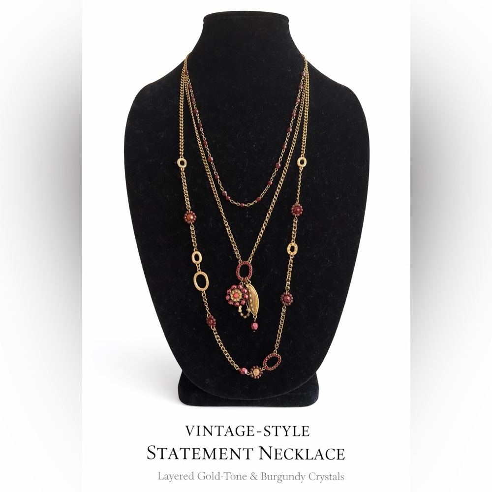 Elegant Layered Gold-Tone Necklace with Burgundy Crystal Accents
